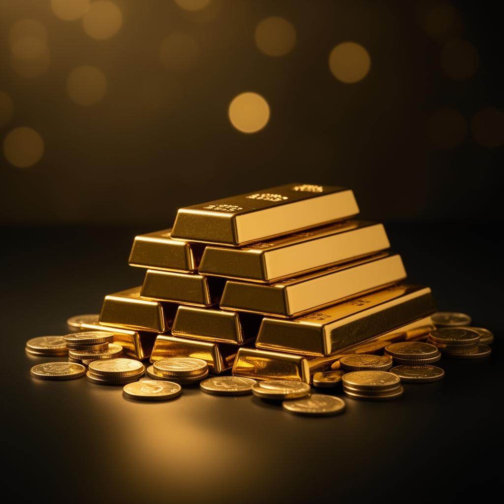 Stack of gleaming gold bars and coins